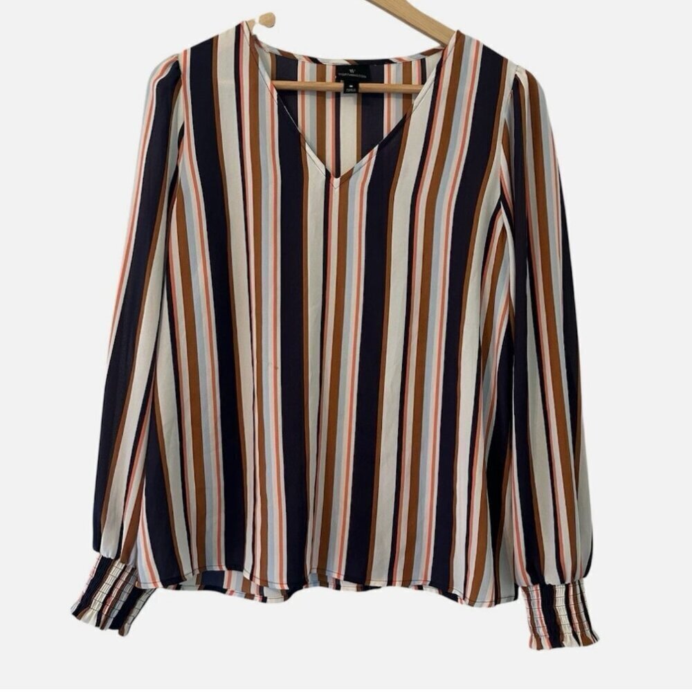 Worthington Women's Medium Retro Striped Cottage Core Career Casual Cinched Cuff